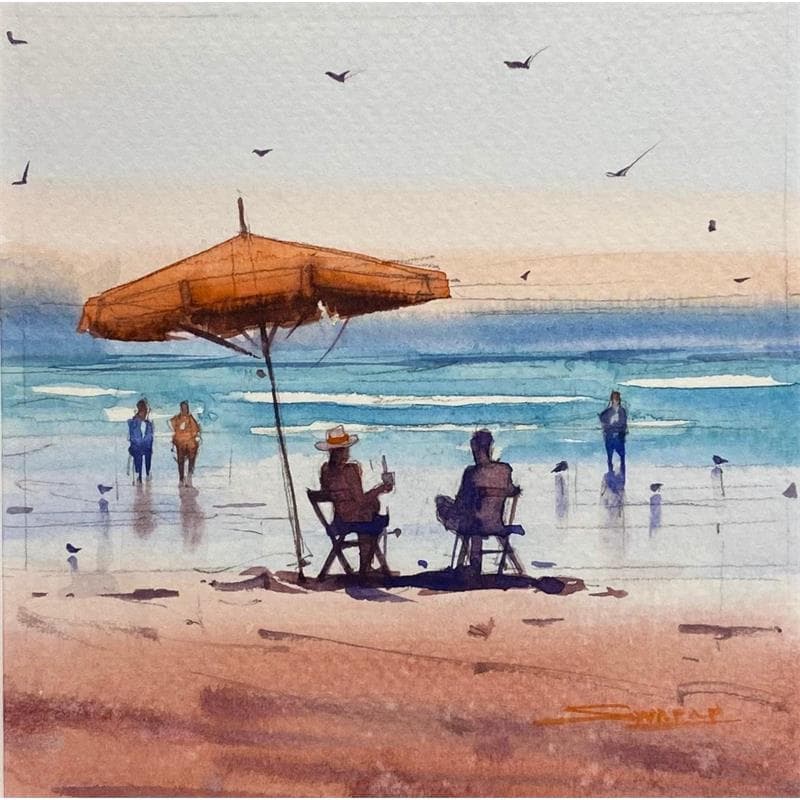 Gemälde Mid-morning Gossip on the Beach  von Dandapat Swarup | Gemälde Figurativ Aquarell Alltagsszenen, Landschaften, Marine