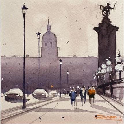 Painting Walking on Pont Alexandre III by Dandapat Swarup | Painting Figurative Watercolor Landscapes, Life style, Urban