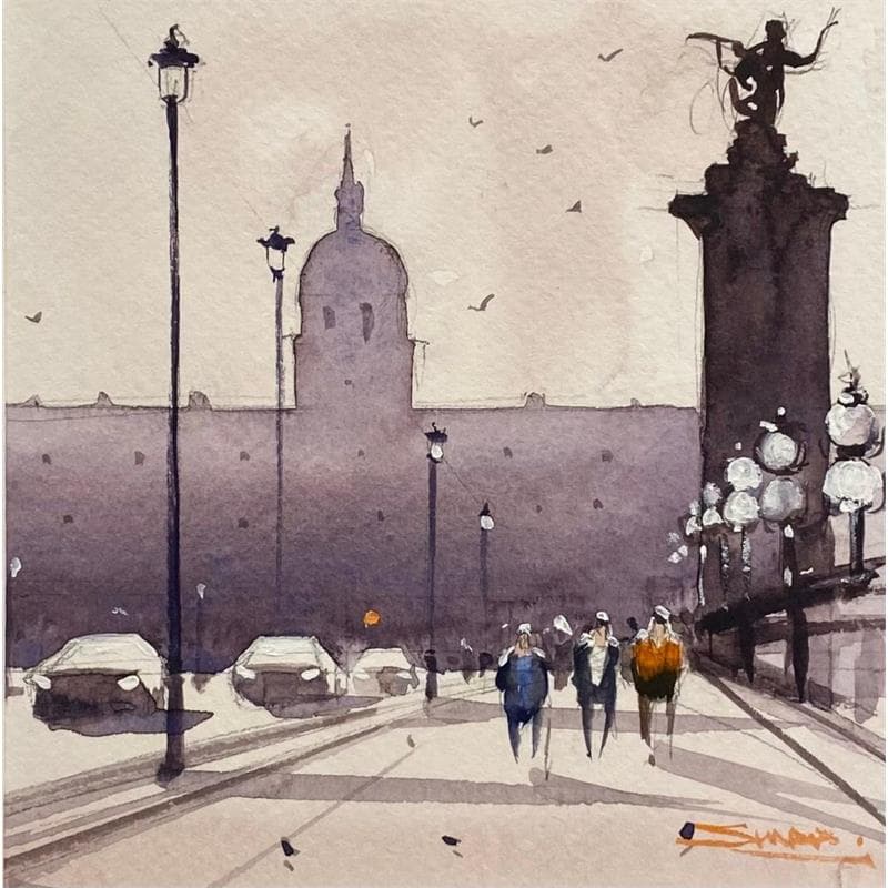 Painting Walking on Pont Alexandre III by Dandapat Swarup | Painting Figurative Landscapes Urban Life style Watercolor