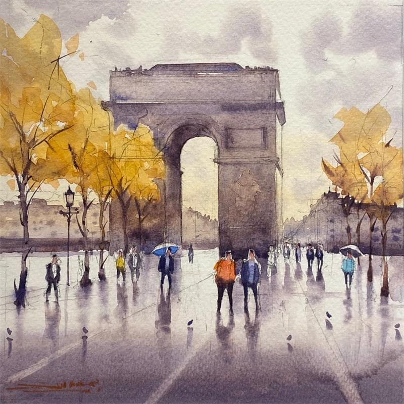 Painting Arc de Triomphe in Autumn  by Dandapat Swarup | Painting Figurative Watercolor Landscapes Urban Life style