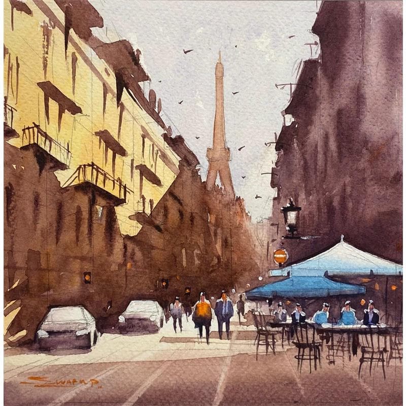 Painting Morning Sun in Paris  by Dandapat Swarup | Painting Figurative Landscapes Urban Life style Watercolor