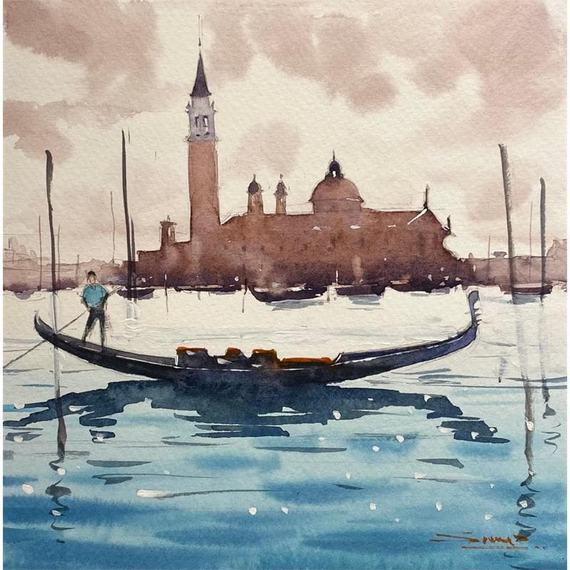 Peinture Saint Mark's Basilica and the Grand Canal, Venice par Dandapat Swarup | Tableau Figuratif Paysages Urbain Scènes de vie Aquarelle