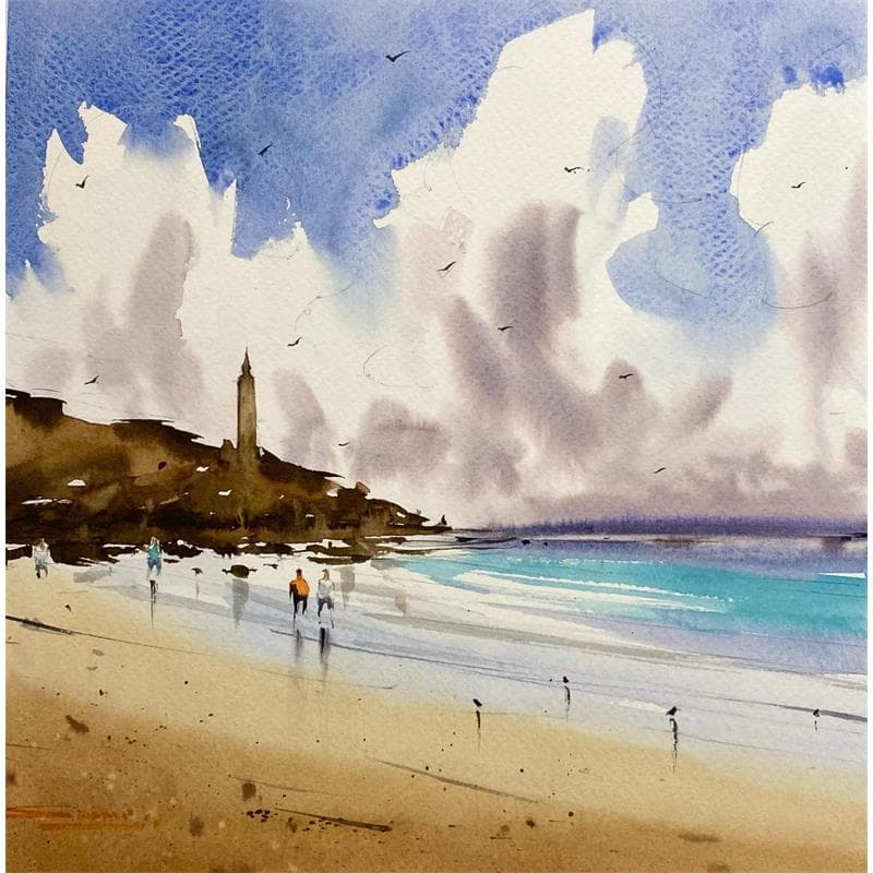 Painting Clouds and the Lighthouse by Dandapat Swarup | Painting Figurative Watercolor Landscapes, Life style, Marine