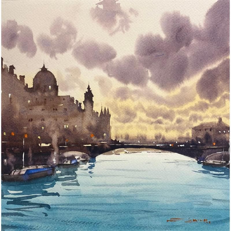 Painting Clouds on My Water by Dandapat Swarup | Painting Figurative Landscapes Urban Life style Watercolor