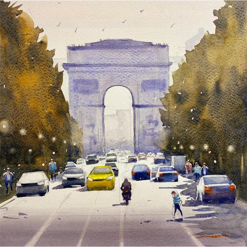 Gemälde Driving on the Champs-Elysées von Dandapat Swarup | Gemälde Figurativ Landschaften Urban Alltagsszenen Aquarell