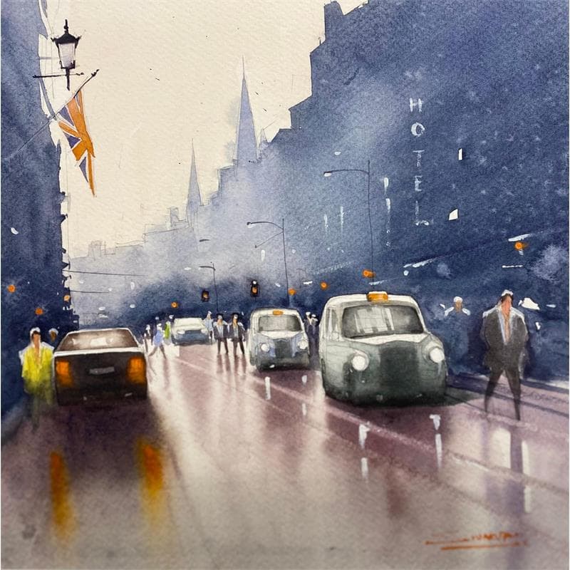 Gemälde Rainy Day in London  von Dandapat Swarup | Gemälde Figurativ Landschaften Urban Alltagsszenen Aquarell