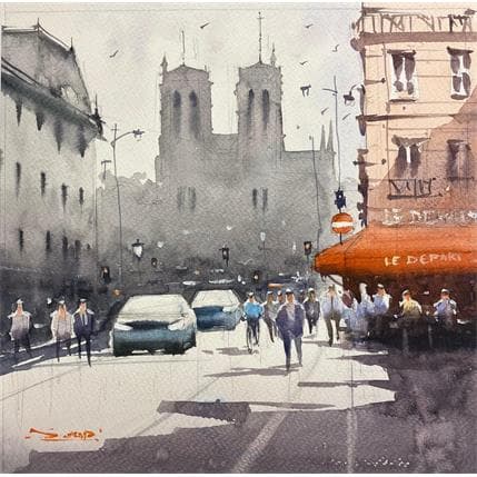 Painting Remembering Notre-Dame by Dandapat Swarup | Painting Figurative Watercolor Landscapes, Life style, Urban