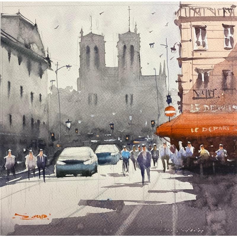 Painting Remembering Notre-Dame by Dandapat Swarup | Painting Figurative Watercolor Landscapes, Life style, Urban