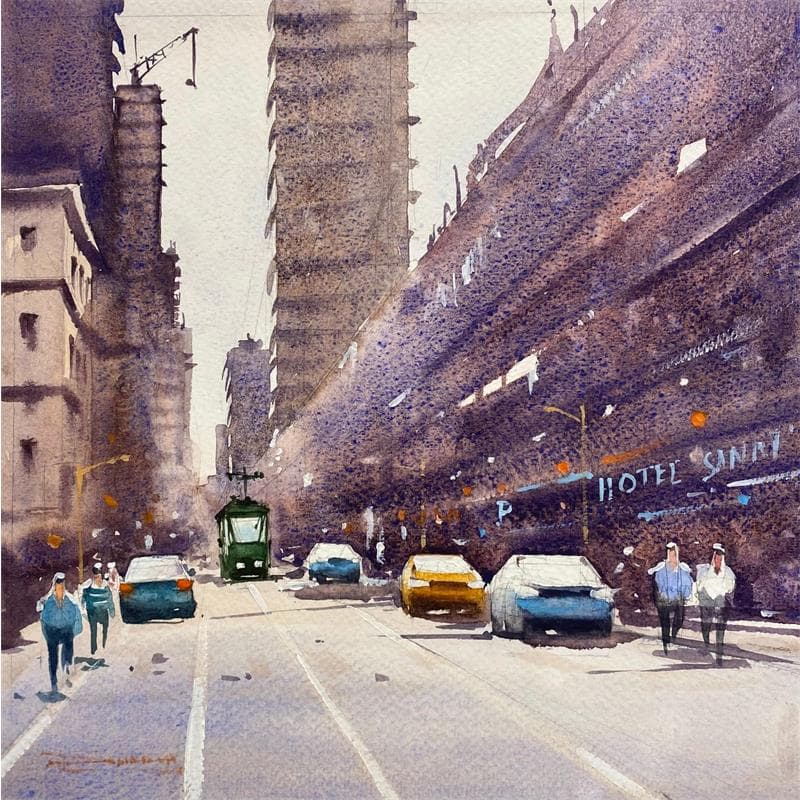 Gemälde The Streetcar  von Dandapat Swarup | Gemälde Figurativ Landschaften Urban Alltagsszenen Aquarell