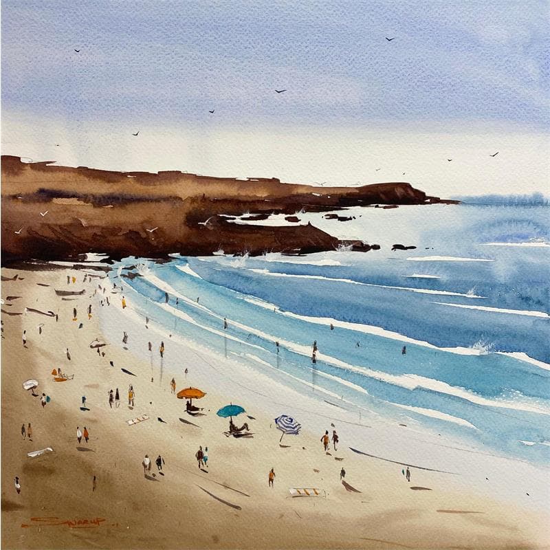 Gemälde The Beach is Calling von Dandapat Swarup | Gemälde Figurativ Aquarell Alltagsszenen, Landschaften, Marine