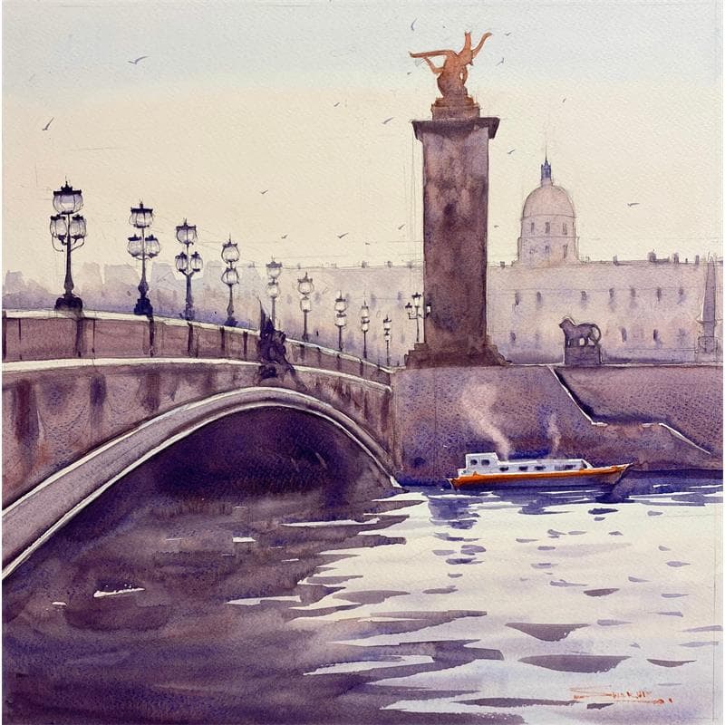 Painting Pont Alexandre III from the River by Dandapat Swarup | Painting Figurative Watercolor Landscapes, Life style, Urban