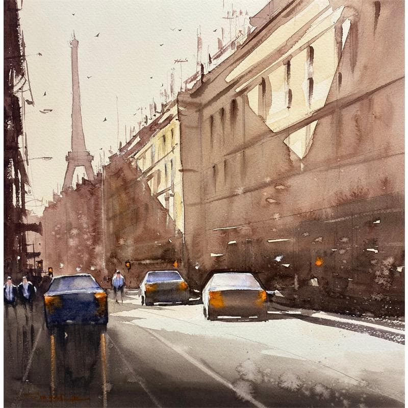 Painting Paris Street Scene by Dandapat Swarup | Painting Figurative Landscapes Urban Life style Watercolor