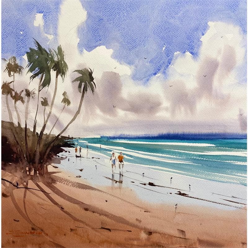 Gemälde Palm Trees Swaying in the Sea Breeze von Dandapat Swarup | Gemälde Figurativ Aquarell Alltagsszenen, Landschaften, Marine