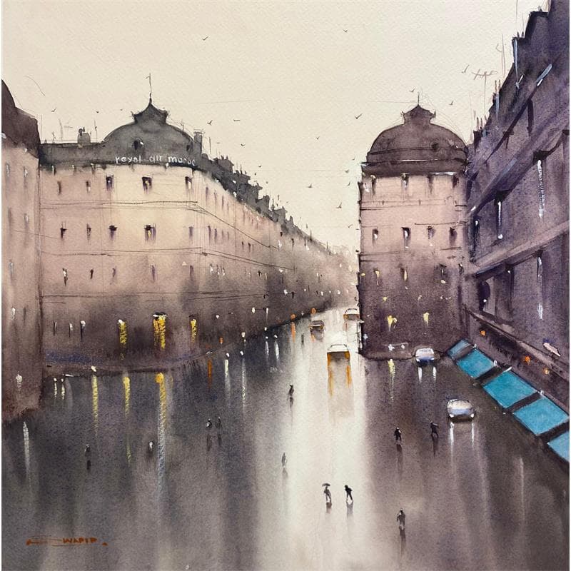 Painting Avenue de l'Opéra by Dandapat Swarup | Painting Figurative Landscapes Urban Life style Watercolor