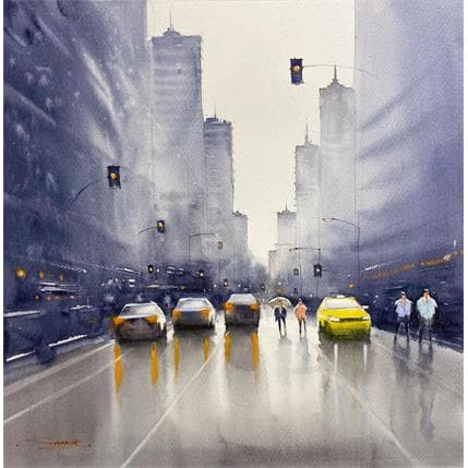 Painting A Misty New-York by Dandapat Swarup | Painting Figurative Watercolor Landscapes, Life style, Urban