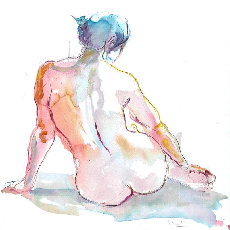 Painting Pauline de dos by Brunel Sébastien | Painting Figurative Nude Watercolor
