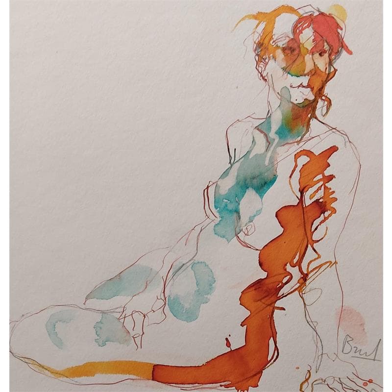 Painting anaïs assise by Brunel Sébastien | Painting Figurative Watercolor Nude