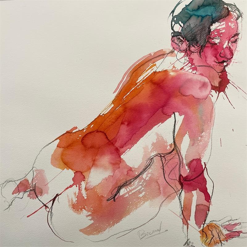 Painting Pauline assise en appui sur un bras by Brunel Sébastien | Painting Figurative Watercolor Nude