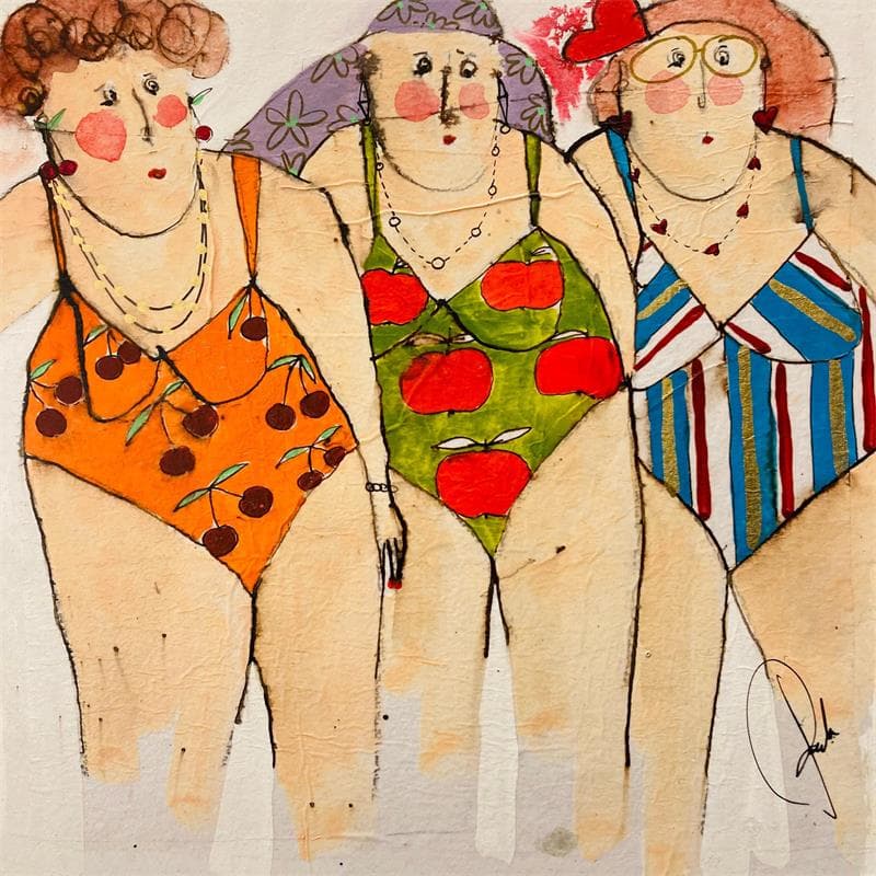Painting Charlène, Martine, Suzette by Colombo Cécile | Painting Figurative Portrait Pop icons Acrylic Gluing Ink Pastel