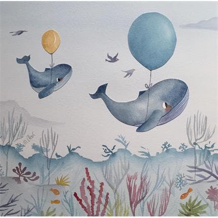 Painting Baleines à ballons by Marjoline Fleur | Painting Illustrative Mixed Life style