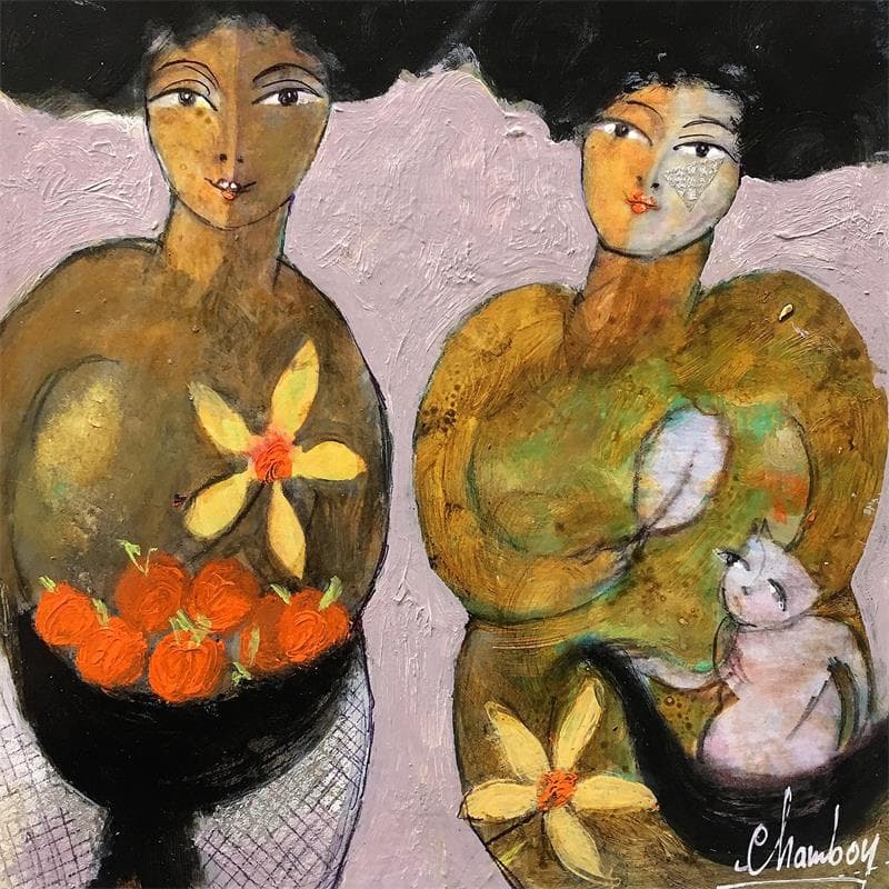 Painting Deux amies et leur chat by Chambon | Painting Figurative Life style Acrylic