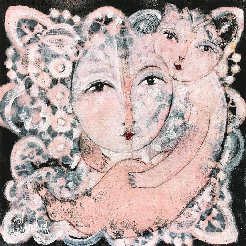 Gemälde Mon chat d'amour von Chambon | Gemälde Figurativ Alltagsszenen Acryl