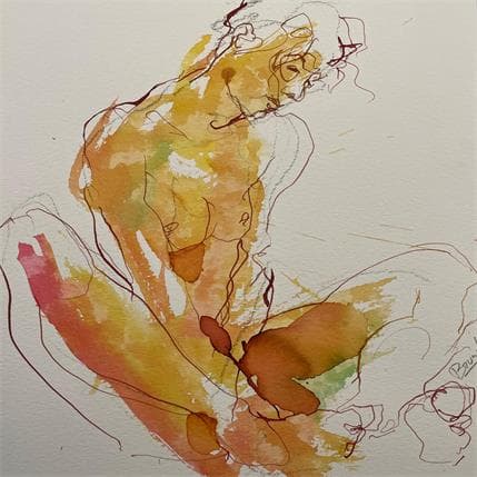 Painting Alice assise jaune by Brunel Sébastien | Painting Figurative Watercolor Nude