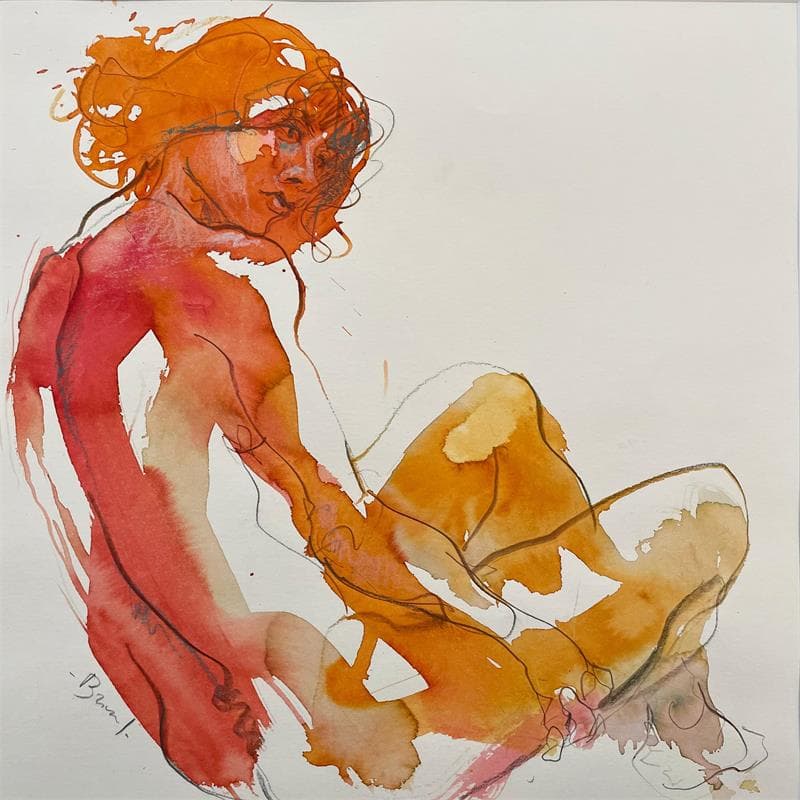 Painting Eisa assise se tournant by Brunel Sébastien | Painting Figurative Watercolor Nude
