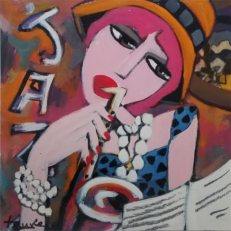 Painting Femme au collier à perles by Fauve | Painting Figurative Acrylic Life style