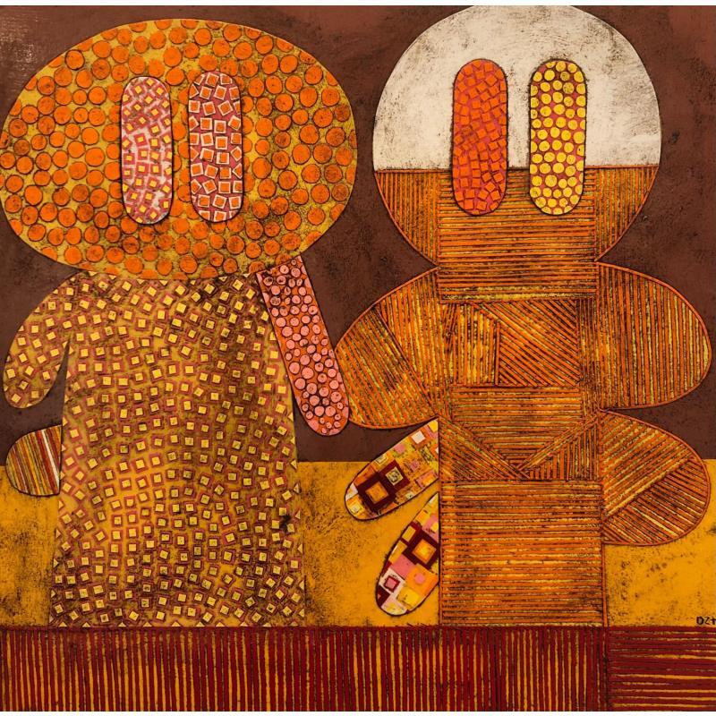 Painting 2 Angels by Ortiz Gustavo | Painting Raw art Portrait Minimalist Cardboard Gluing
