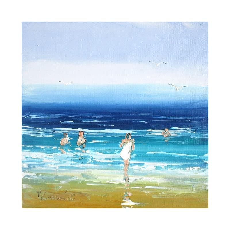 Painting Baignade en famille à la mer by Hanniet | Painting Figurative Oil Landscapes, Life style, Marine, Pop icons