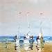 Peinture Affairés aux voiles sur la plage par Hanniet | Tableau Figuratif Paysages Marine Scènes de vie Huile