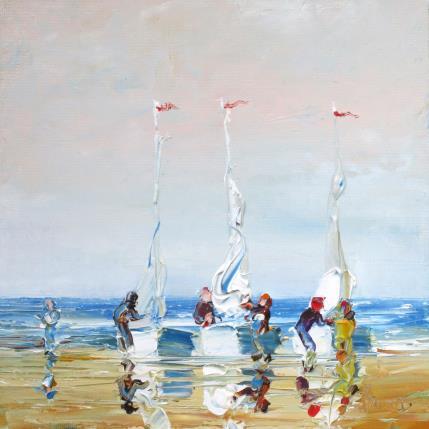 Peinture Affairés aux voiles sur la plage par Hanniet | Tableau Figuratif Huile Icones Pop, Marine, Paysages, Scènes de vie