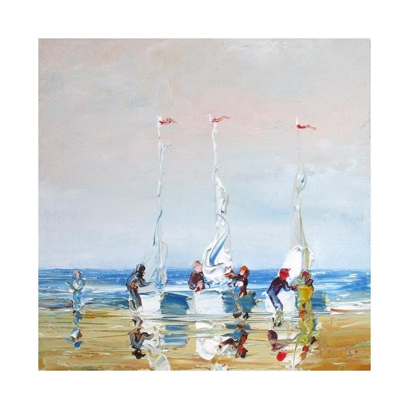 Peinture Affairés aux voiles sur la plage par Hanniet | Tableau Figuratif Huile Icones Pop, Marine, Paysages, Scènes de vie