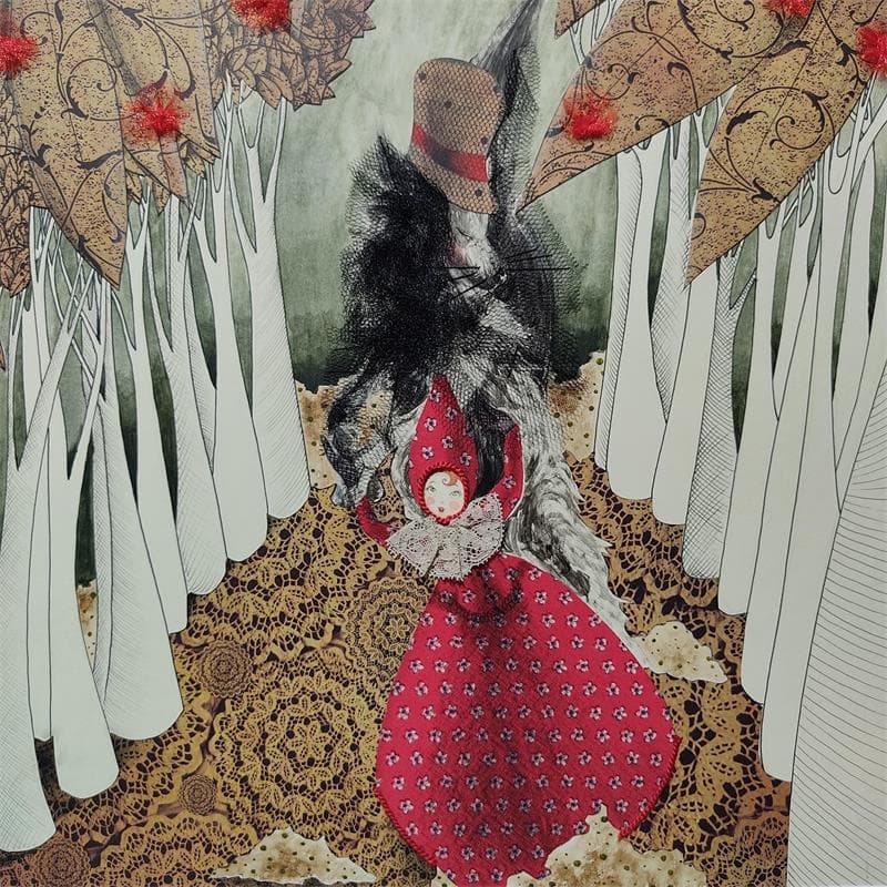 Peinture La danza tra il lupo e cappuccetto rosso-rosso par Nai | Tableau Illustration Mixte scènes de vie