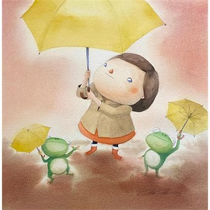 Gemälde Girl with frogs von Masukawa Masako | Gemälde Naive Kunst Aquarell Alltagsszenen