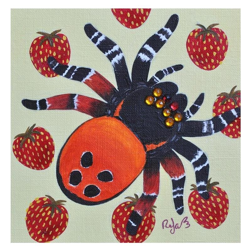 Peinture L'araignée fraise par Lennoz Raphaële | Tableau Art naïf Huile animaux