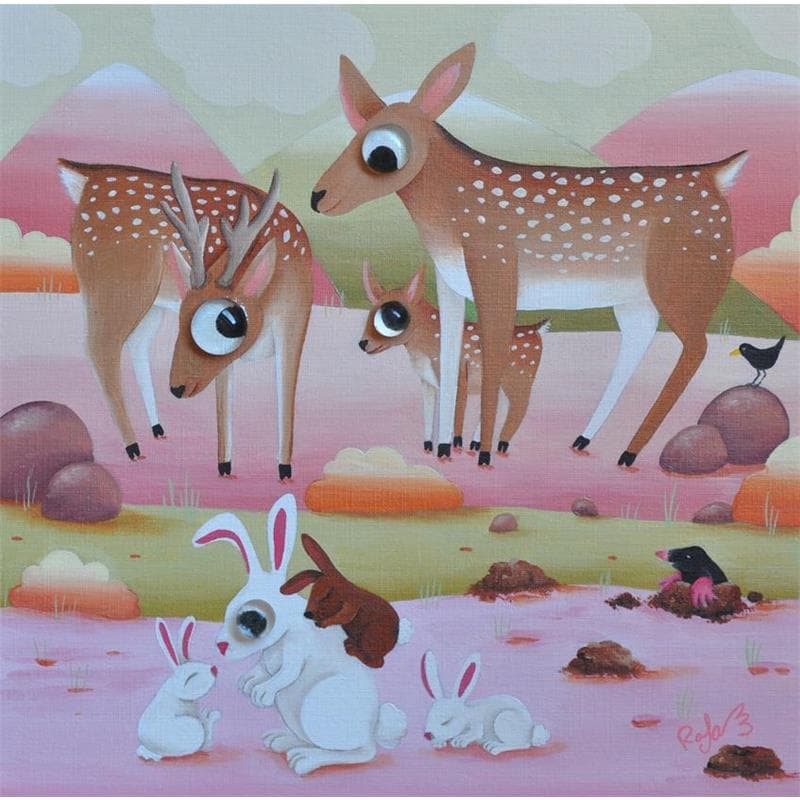Peinture Balade en forêt par Lennoz Raphaële | Tableau Art naïf Huile animaux