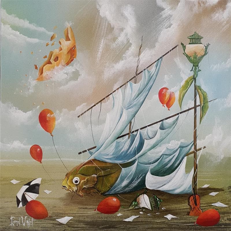 Peinture Le naufragé par Valot Lionel | Tableau Surréaliste Acrylique Vues marines scènes de vie animaux