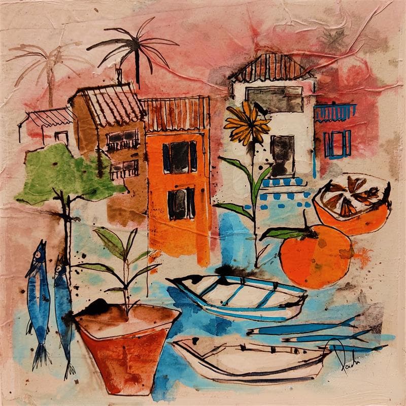 Peinture Le bout du port par Colombo Cécile | Tableau Figuratif Mixte scènes de vie
