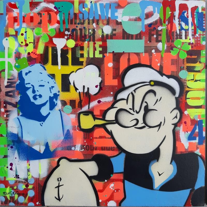 Gemälde Pop eye von Euger Philippe | Gemälde Pop-Art Porträt Pop-Ikonen Graffiti Acryl Collage