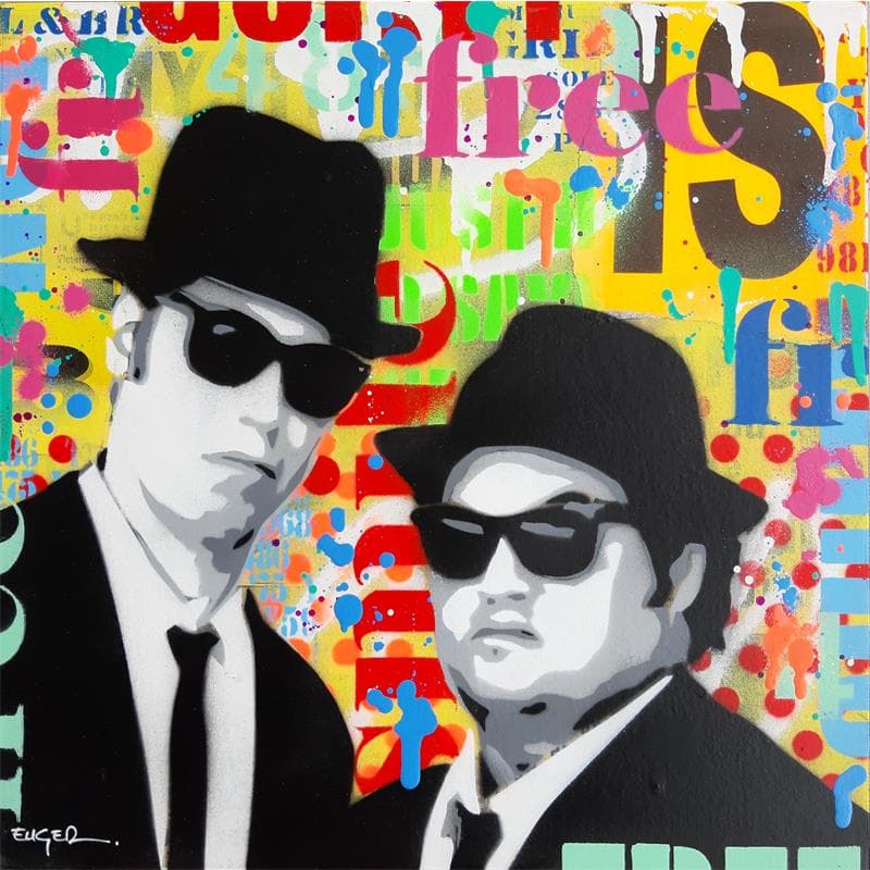Gemälde The Blues Brothers von Euger Philippe | Gemälde Pop-Art Porträt Pop-Ikonen Graffiti Acryl Collage