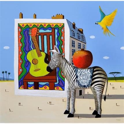 Painting Zèbre guitare by Lionnet Pascal | Painting Surrealist Acrylic Animals