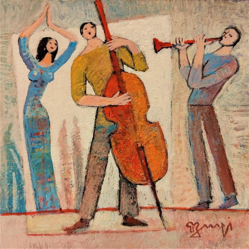 Gemälde AN51 Les musiciens et la danseuse von Burgi Roger | Gemälde Figurativ Alltagsszenen Acryl
