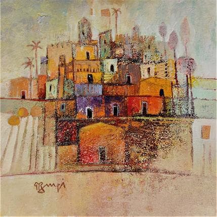 Painting AM108 Village Fortifié by Burgi Roger | Painting Figurative Acrylic Landscapes, Pop icons, Urban