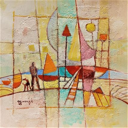 Painting AL75 Promenade aux bateaux by Burgi Roger | Painting Figurative Acrylic Landscapes, Marine