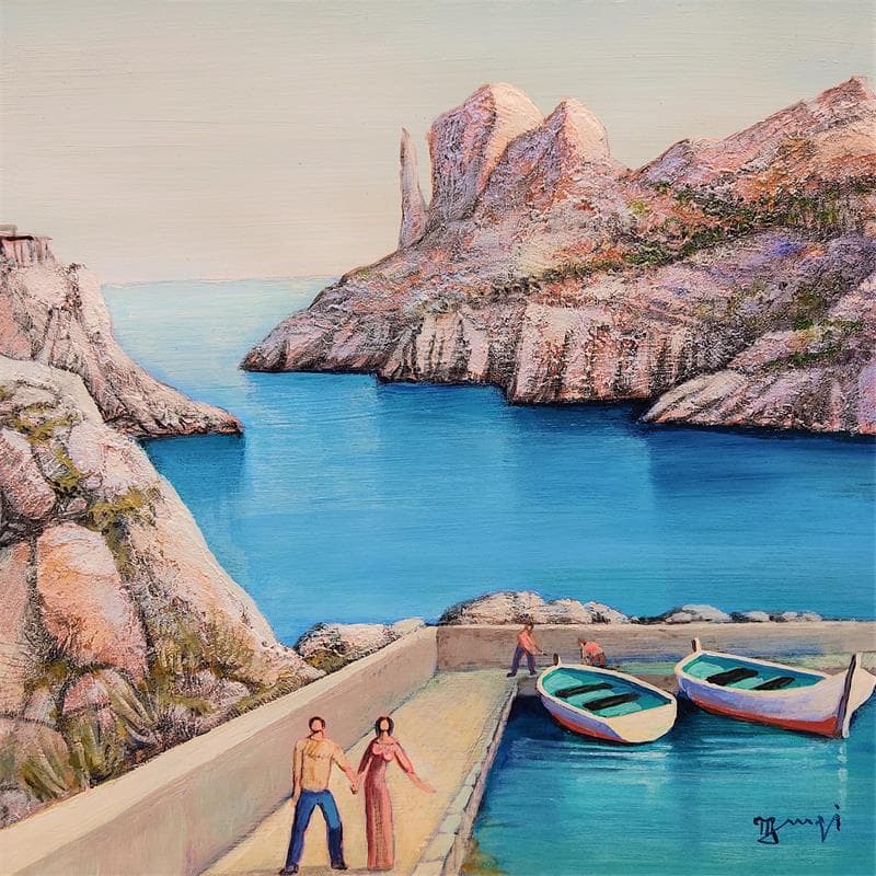 Painting AN61 Le port et la calanque de Sormiou by Burgi Roger | Painting Figurative Acrylic Landscapes, Marine