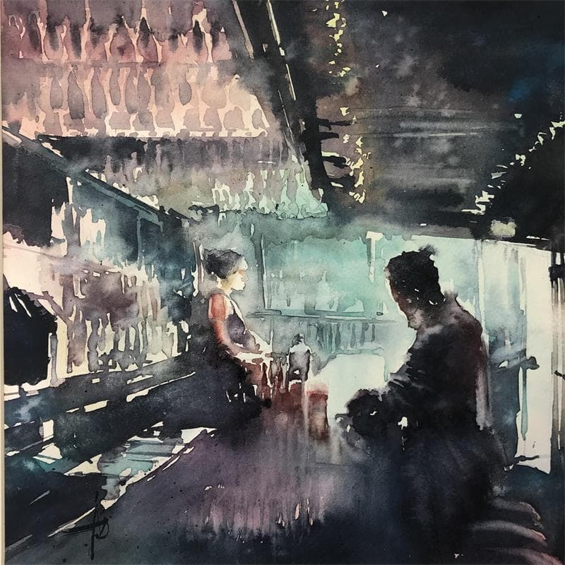 Peinture Fin de soirée au Blue Bar par Abbatucci Violaine | Tableau Figuratif Scènes de vie Aquarelle