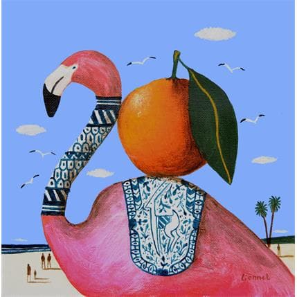 Painting Flamant rose à l'orange by Lionnet Pascal | Painting Surrealist Acrylic Animals, Pop icons