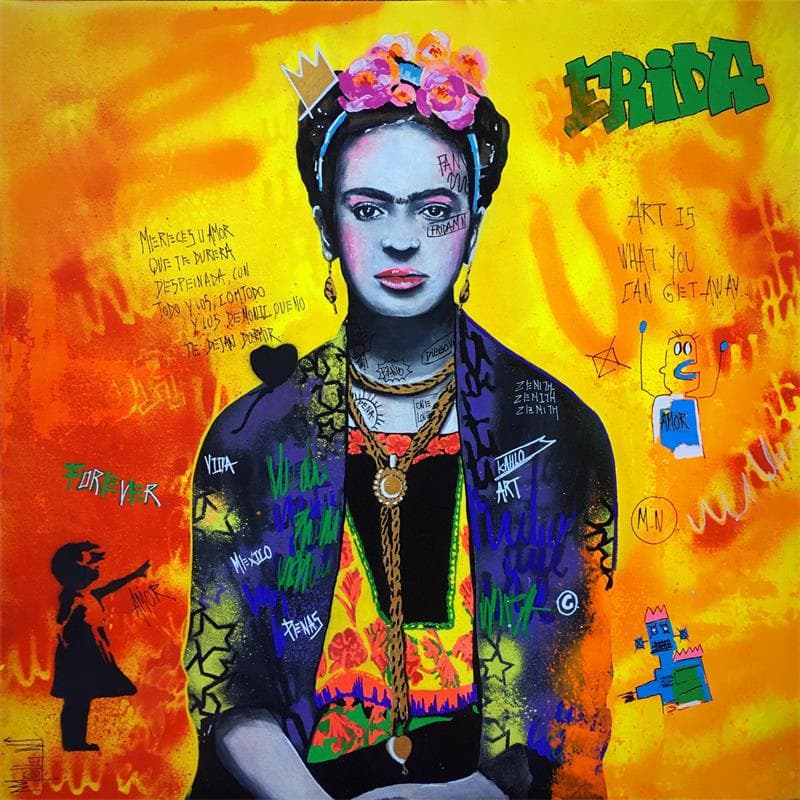 Peinture Frida K. par Molla Nathalie  | Tableau Street Art Mixte Portraits icones Pop
